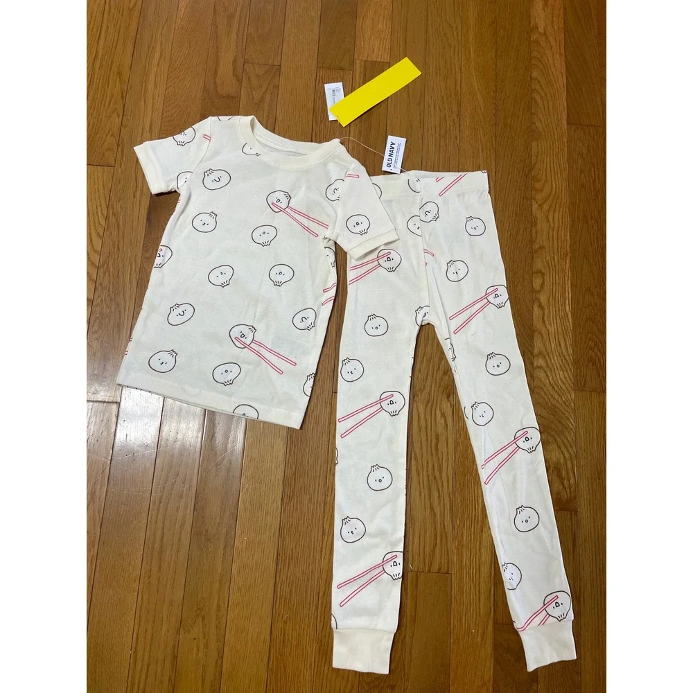 Old Navy Kids Cream Bao Dumpling Chopstick Cotton Pajama Set 5T NWT